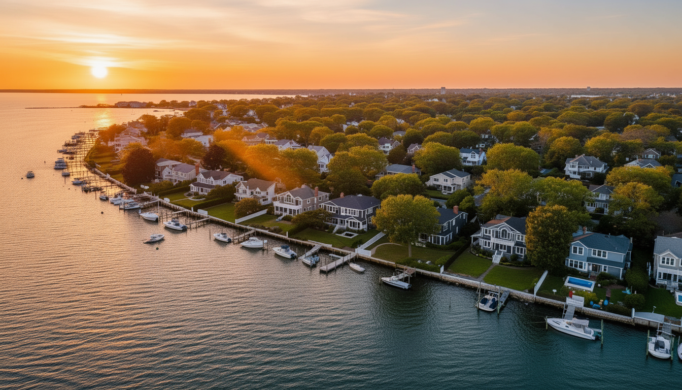 Long Island homes and waterfront properties at sunset