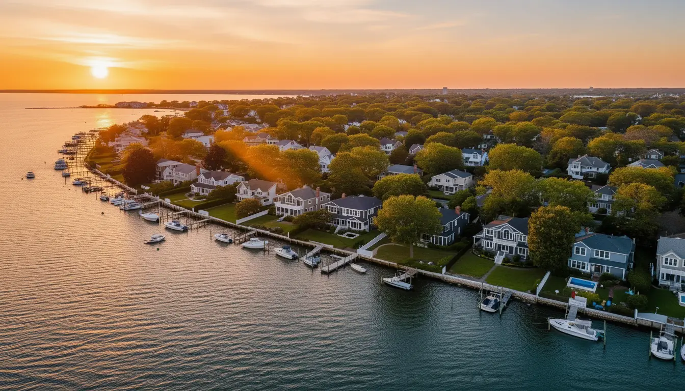Long Island homes and waterfront properties at sunset